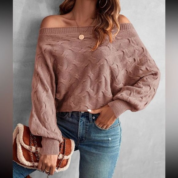 Bespoken For Sweaters - New Cozy Off Shoulder Batwing Sleeve Semi Cropped Sweater Trending Dusty Pink